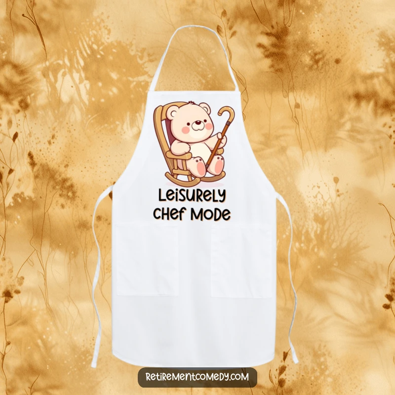Funny Bear Rocking Chair Apron: A fun apron featuring a bear relaxing in a rocking chair, waving a cane, great for a funny kitchen gift.