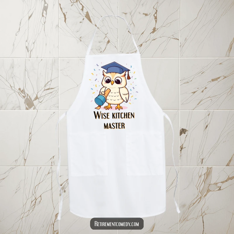Funny kawaii owl with a graduation cap launching a confetti cannon on an apron, a humorous kitchen accessory.