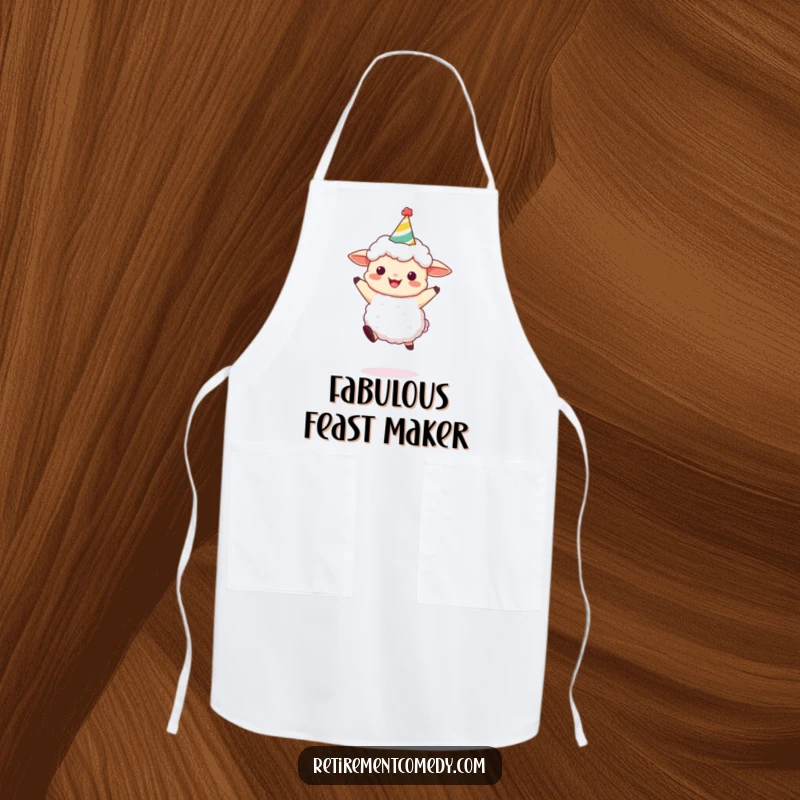 Funny Sheep Party Apron: A fun apron featuring a sheep wearing a party hat and leaping with joy, great for a funny kitchen gift.