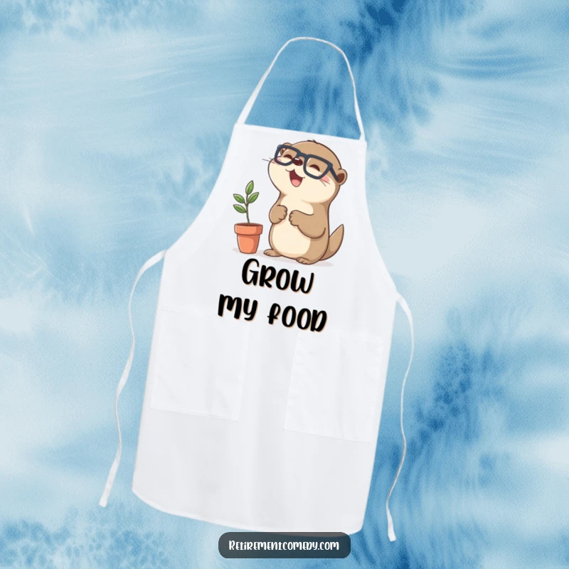 Funny kawaii otter with glasses high-fiving a plant on an apron, a humorous kitchen accessory for cooking enthusiasts.