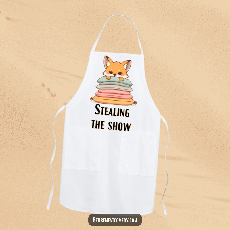Funny apron featuring a sly fox peeking from behind a stack of comfortable cushions, adding a touch of playful mischief to kitchen tasks.
