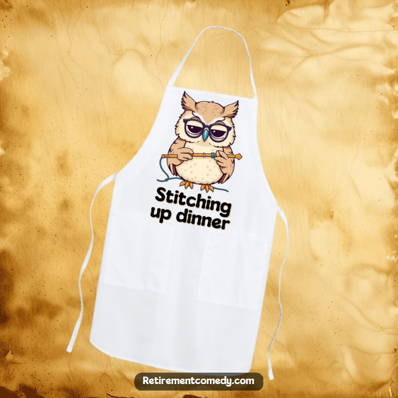 Funny apron featuring a wise owl with glasses, nodding while holding a knitting needle, adding a touch of intellectual humor to cooking.