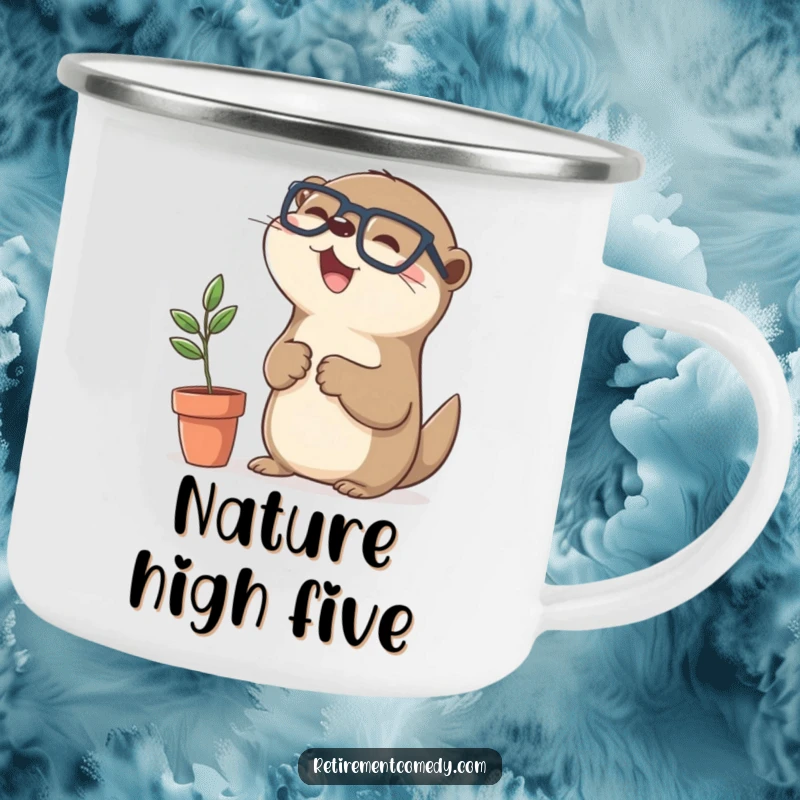 Durable funny kawaii otter high-fiving a plant on a camping mug, perfect for outdoor adventures and humorous gift-giving.