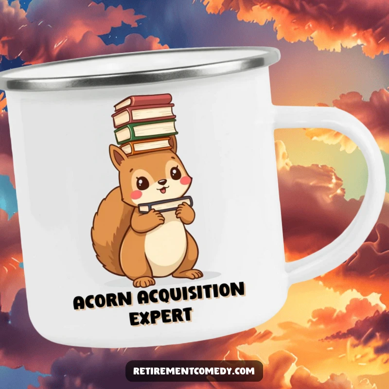 Funny kawaii squirrel camping mug, balancing a stack of books on its head, enamel, perfect for outdoor use.