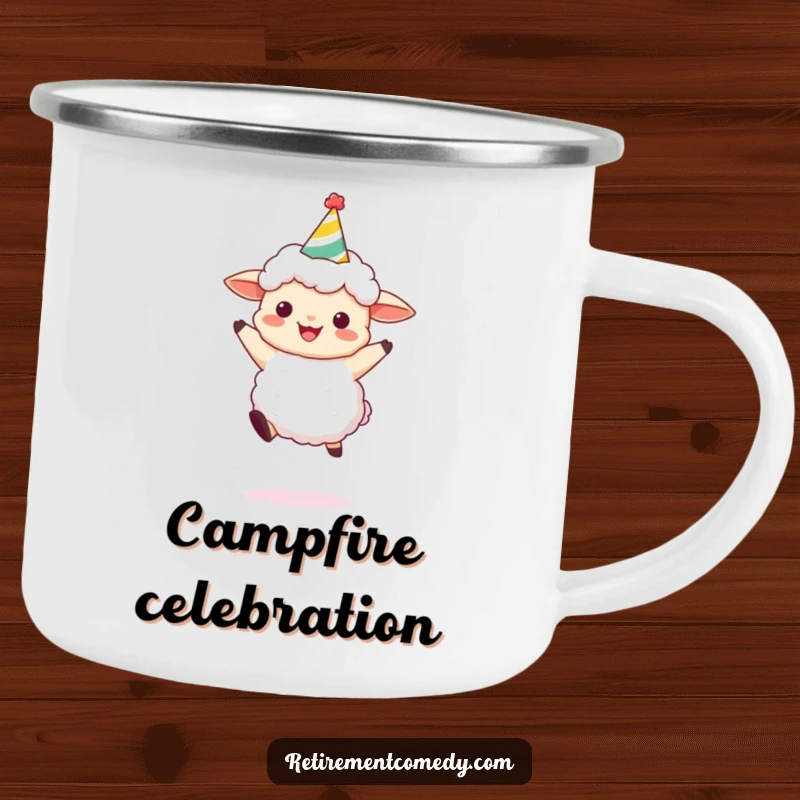 Funny Sheep Party Camping Mug: A durable mug with a joyful sheep leaping design, ready for outdoor fun and a funny gift.