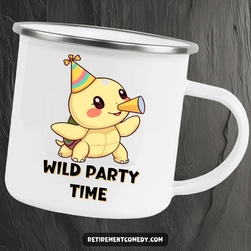 Durable funny kawaii turtle blowing a party horn on a camping mug, perfect for outdoor adventures and humorous gift-giving.
