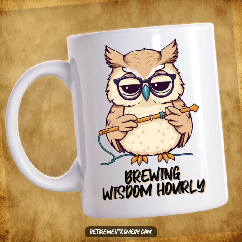 Funny mug featuring a wise owl wearing spectacles, nodding thoughtfully while holding a knitting needle, conveying studious and crafty humor.