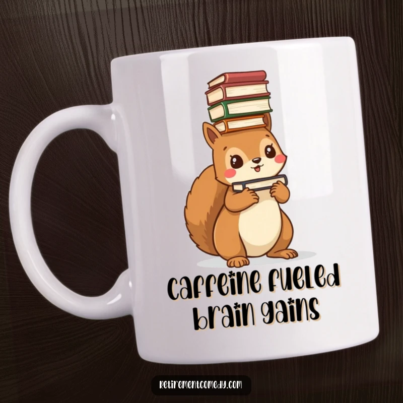 Funny kawaii squirrel mug, balancing a tall stack of books on its head, looking focused and slightly stressed, great gift.