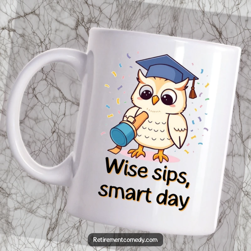 Funny kawaii owl wearing a graduation cap, launching a confetti cannon, a celebratory and humorous mug design.