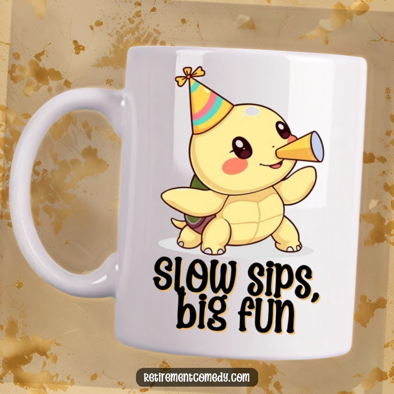 Funny kawaii turtle wearing a party hat, happily blowing a party horn, a cheerful and humorous mug design.
