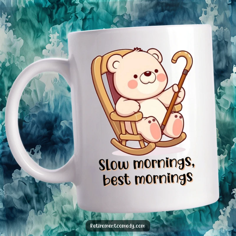 Funny Bear Rocking Chair Mug: A cheerful bear sits lazily in a rocking chair, waving a cane, embodying relaxation and humor, a funny gift.