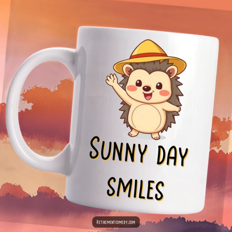 Funny cheerful hedgehog wearing a sun hat waves enthusiastically on this mug, embodying pure joy and summer vibes.