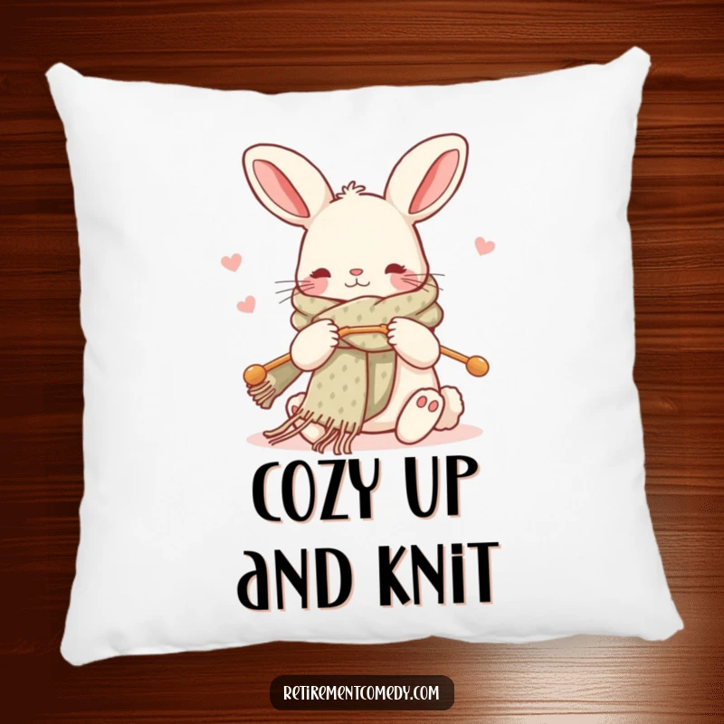 Funny kawaii rabbit pillow, knitting a scarf with big needles, soft and plush, perfect for relaxation.