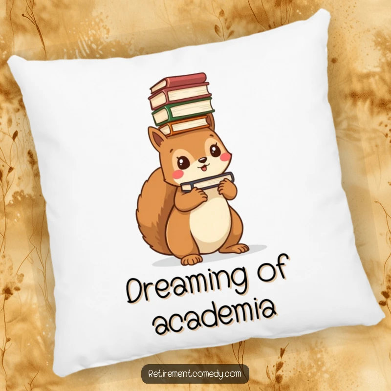 Funny kawaii squirrel pillow, balancing a stack of books on its head, soft and cuddly, perfect reader gift.