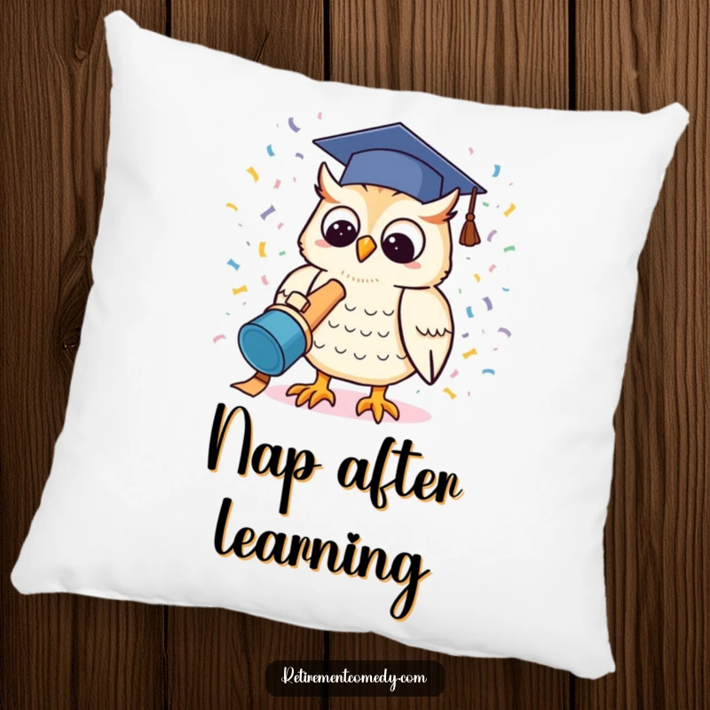 A decorative pillow with a funny kawaii owl launching a confetti cannon, offering a cozy and humorous touch to any living space.