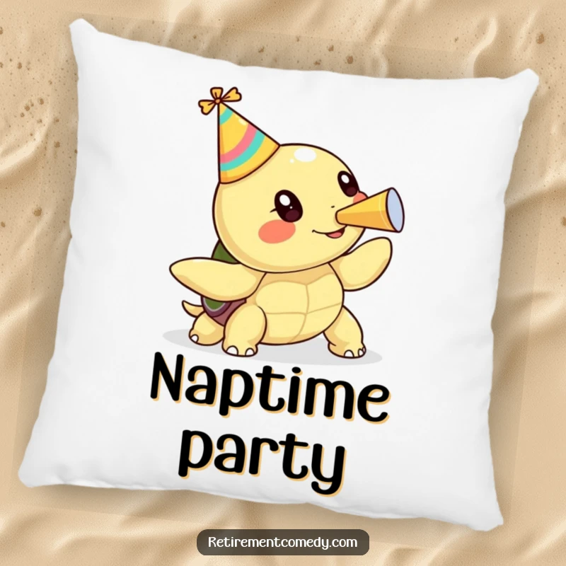 A decorative pillow with a funny kawaii turtle blowing a party horn, offering a cozy and humorous touch to any living space.