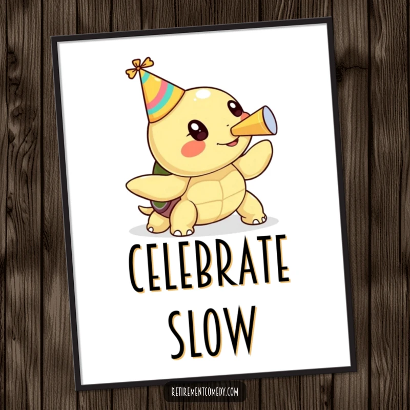 Kawaii turtle wearing a party hat blowing a party horn, a humorous digital art print for wall decor, a delightful gift.