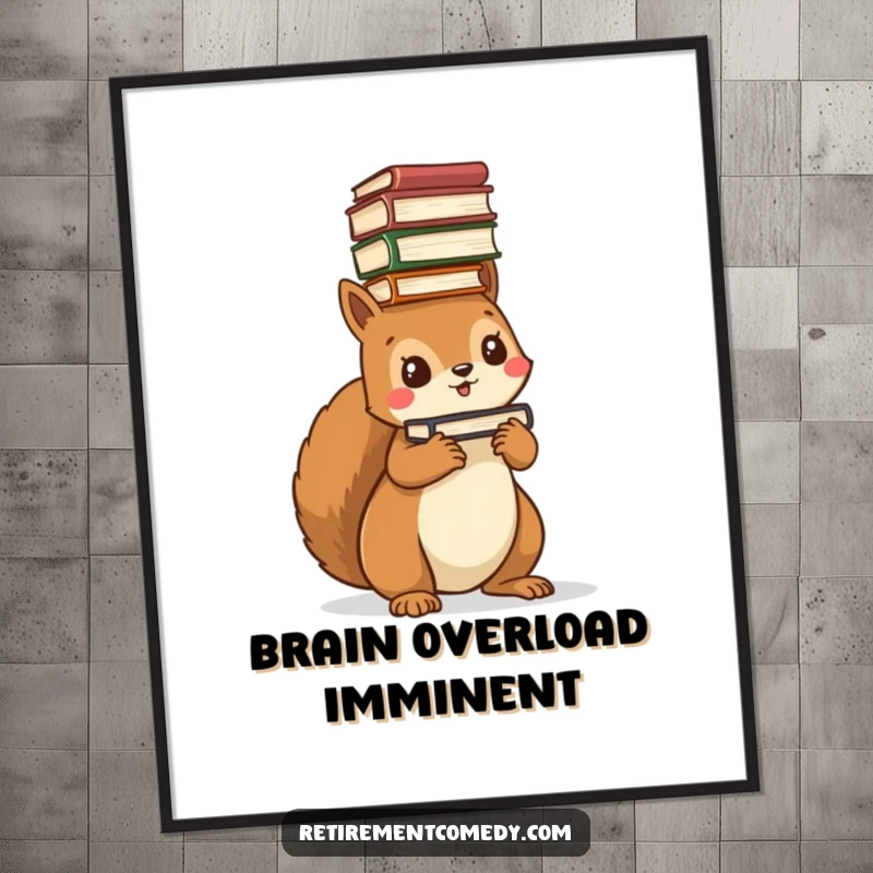 Funny kawaii squirrel digital art print, balancing a stack of books on its head, high resolution, instant download.