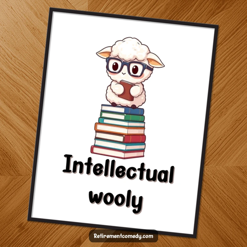Funny fluffy sheep wearing reading glasses, balancing on a stack of books, a humorous and witty printable digital art piece.