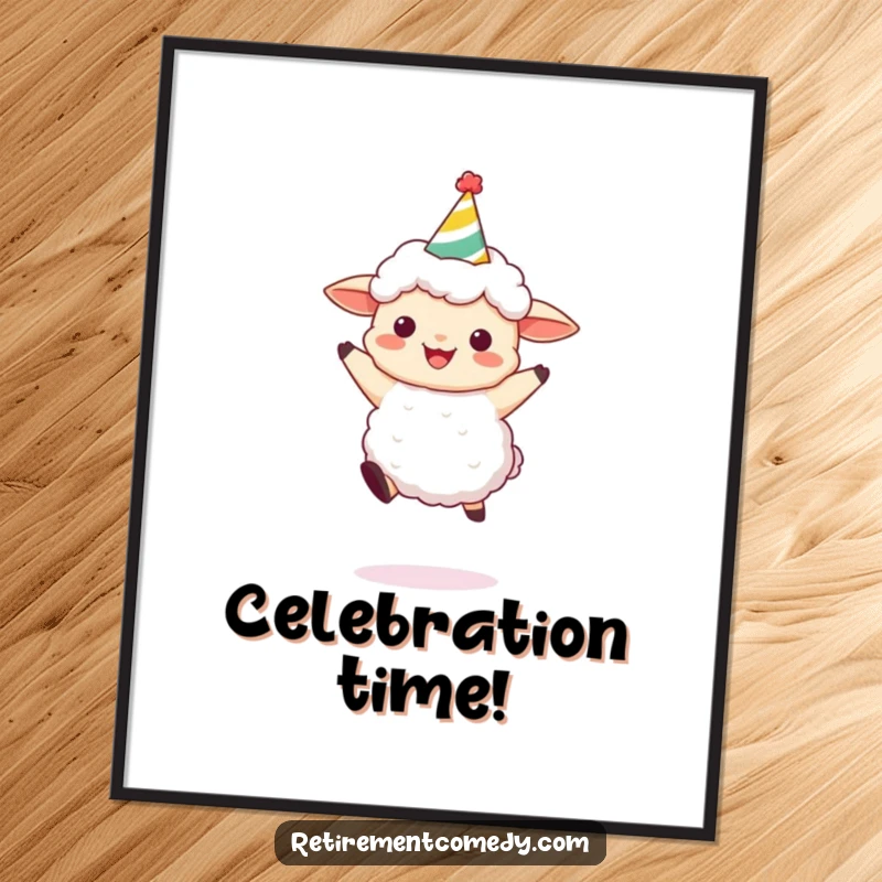 Funny Sheep Party Art Print: High-resolution digital art of a fluffy sheep wearing a party hat and leaping joyfully, a great funny gift.
