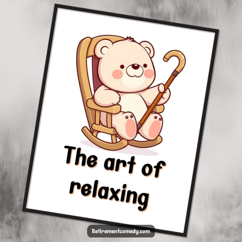 Funny Bear Rocking Chair Art Print: High-resolution digital art of a bear relaxing in a rocking chair, humorously waving a cane, a funny gift.