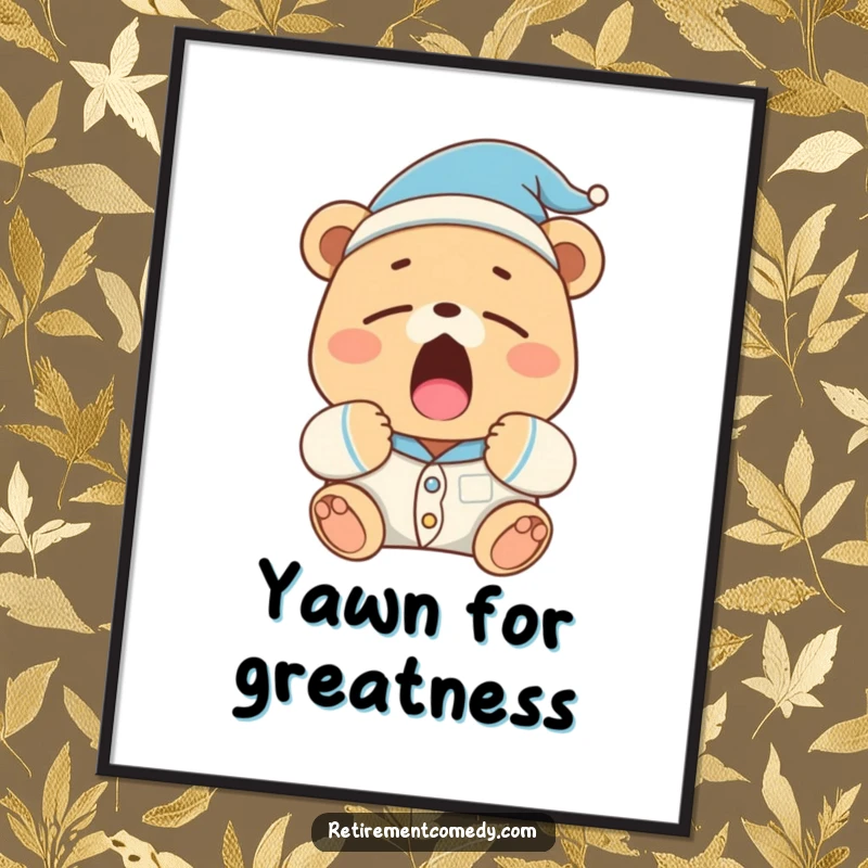 Funny sleepy bear in pajamas and a nightcap yawns widely, creating a relaxed and humorous mood in this digital art print.