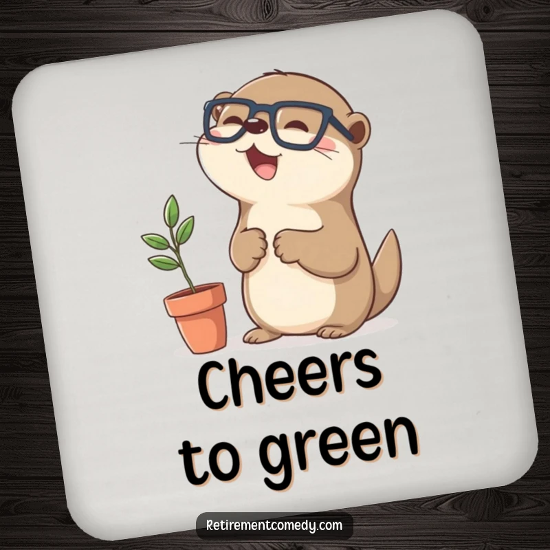 Funny kawaii otter with glasses high-fiving a plant on a drink coaster, a humorous and practical home accessory.