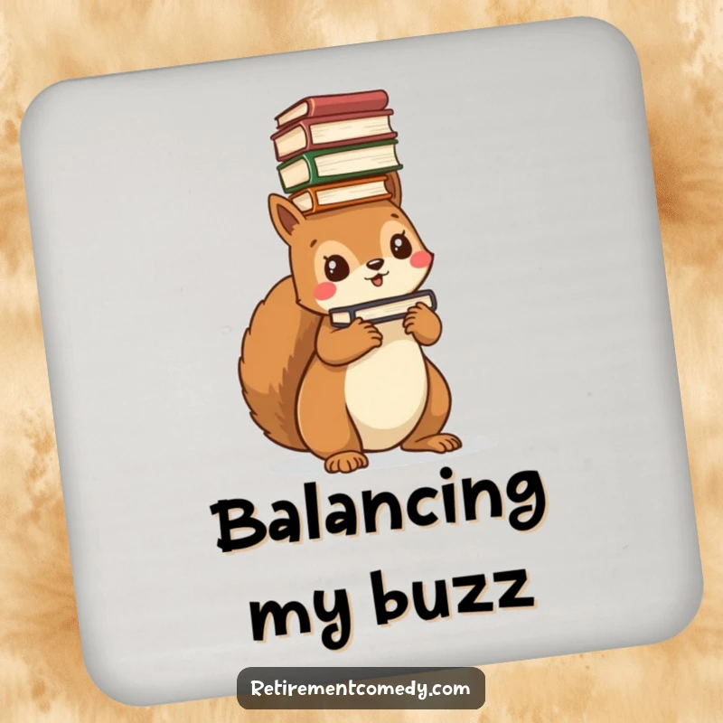 Funny kawaii squirrel coaster, balancing a stack of books on its head, protects furniture, adds humor.