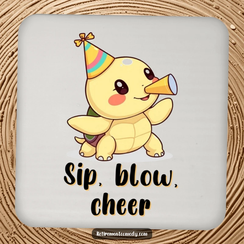 Funny kawaii turtle blowing a party horn on a drink coaster, a humorous and practical home accessory.