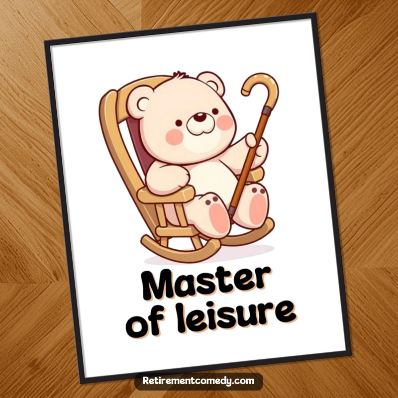 Funny Bear Rocking Chair Poster: Artistic depiction of a bear relaxing in a rocking chair, humorously waving a cane, great for wall decor, a funny gift.