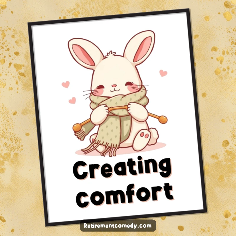 Funny kawaii rabbit poster, knitting a cozy scarf with oversized needles, cute and heartwarming, perfect decor.