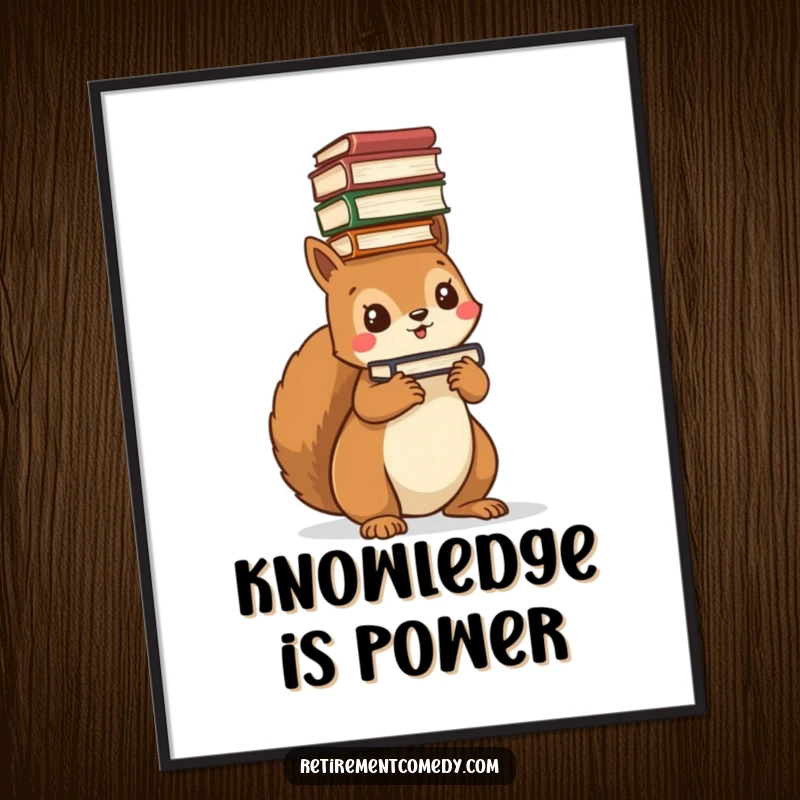 Funny kawaii squirrel poster, balancing a huge stack of books on its head, looking cute and determined, humorous decor.