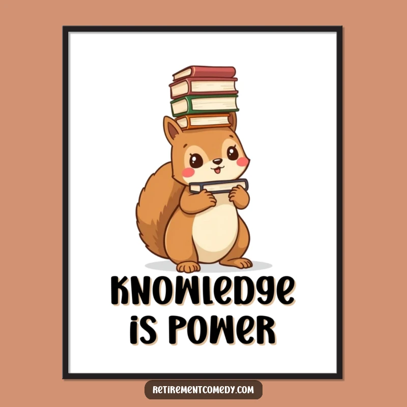 Funny Kawaii Squirrel Book Balance Poster - Whimsical Wall Art for Book Lovers