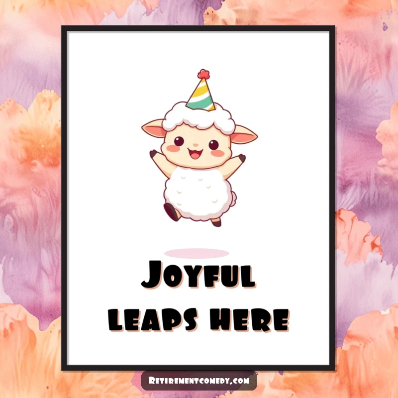 Funny Sheep Party Poster: Artistic depiction of a fluffy sheep joyfully leaping while wearing a party hat, perfect for wall decor, a funny gift.