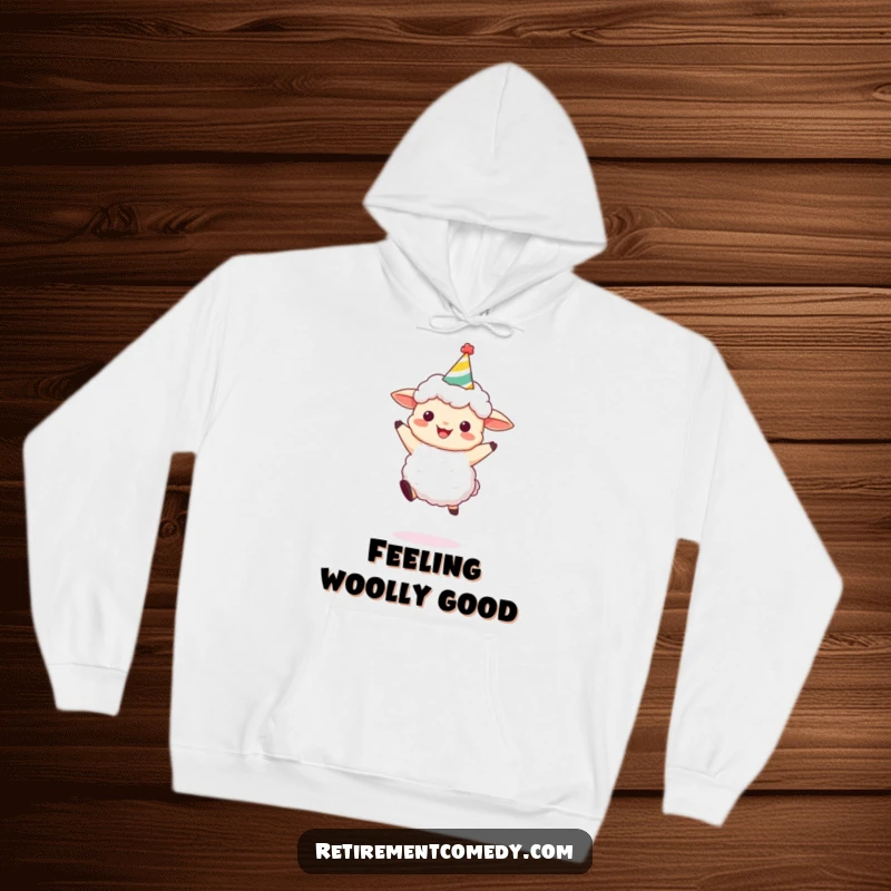 Funny Sheep Party Hoodie: A comfortable hoodie featuring a sheep wearing a party hat and leaping with happiness, a great funny gift.