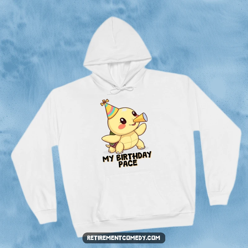 A cozy hoodie with a funny kawaii turtle blowing a party horn, ideal for festive occasions and humorous gifting.