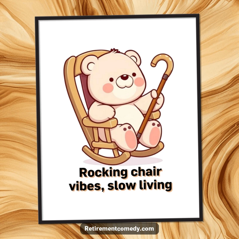 Funny free printable wall art of a cheerful bear relaxing in a rocking chair, lazily waving a cane with a smile.