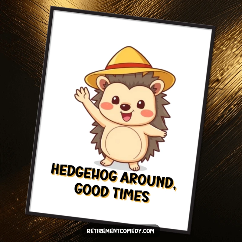 Funny Free Printable Wall Art: Cheerful hedgehog in sun hat waving enthusiastically, happy decor, unique downloadable art.
