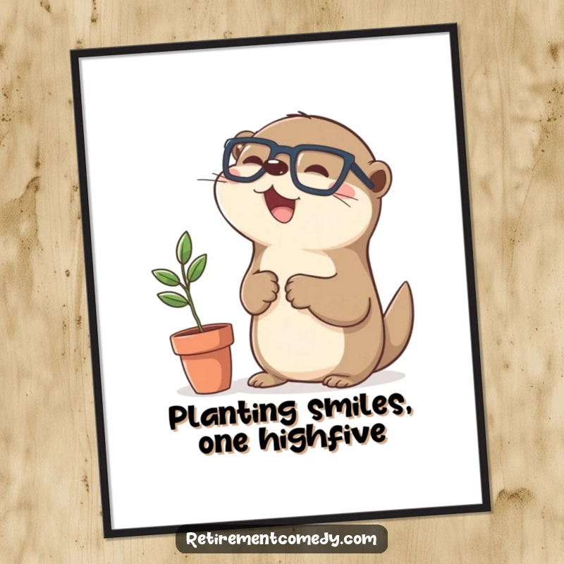Funny Free Printable Wall Art: A kawaii otter in spectacles high-fives a small plant, creating a whimsical and heartwarming scene.