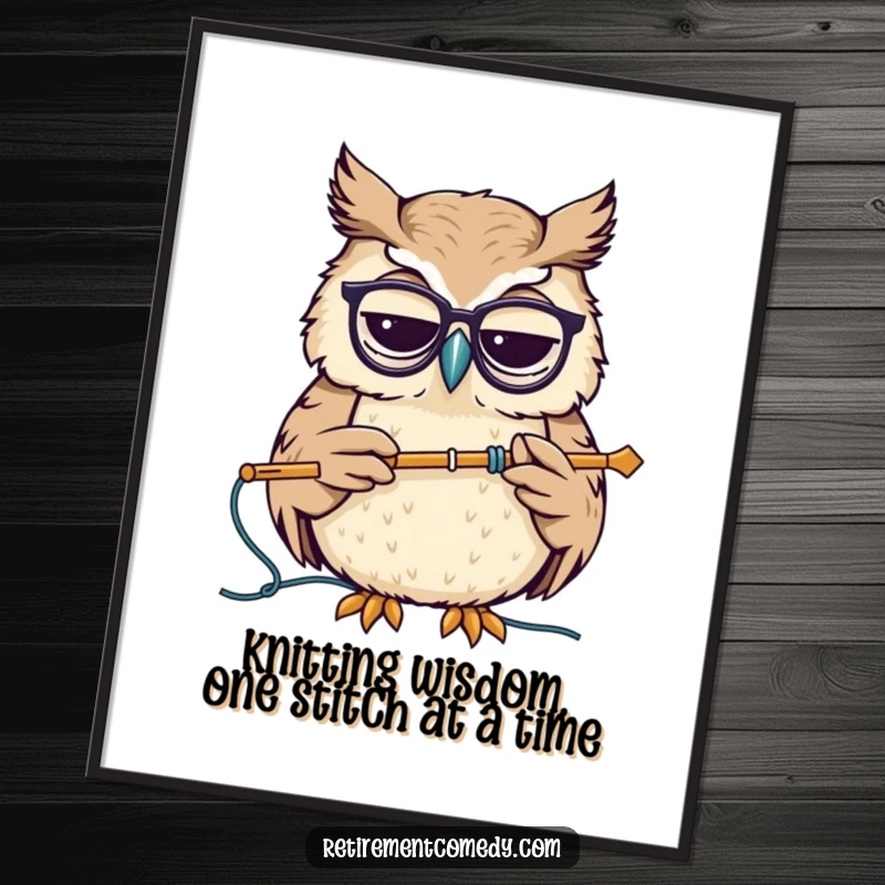 Funny Free Printable Wall Art: A wise owl wearing spectacles nods, knitting a cozy creation, perfect for witty decor.