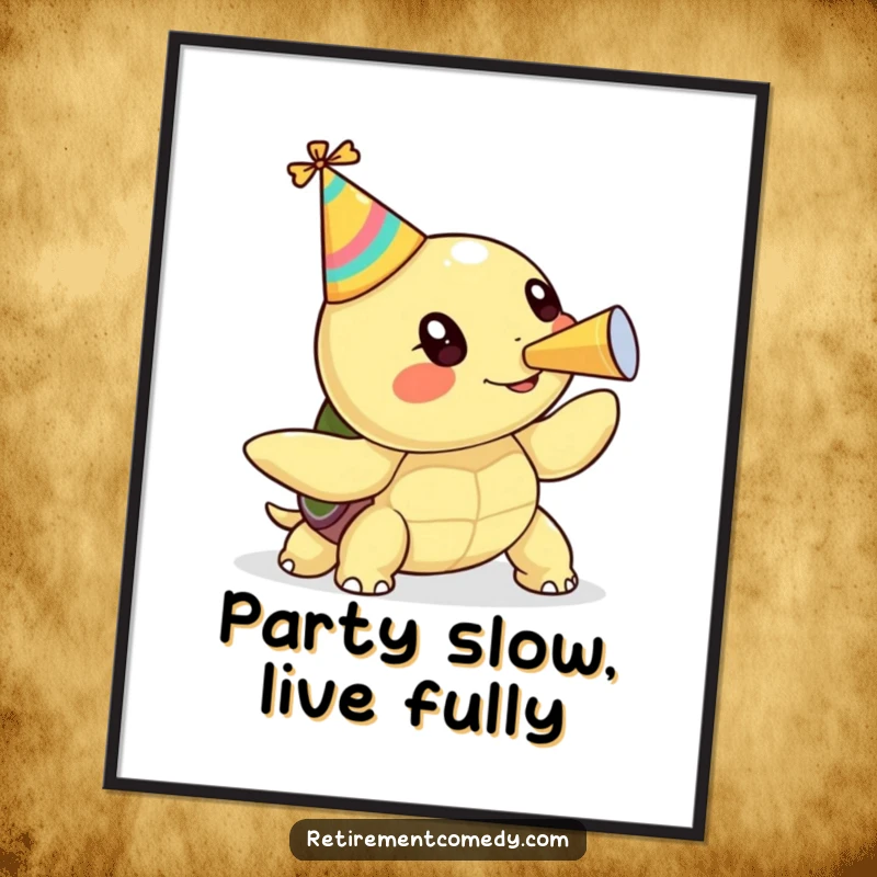 Funny Free Printable Wall Art: A kawaii turtle in a party hat joyfully blows a party horn, perfect for festive decor.