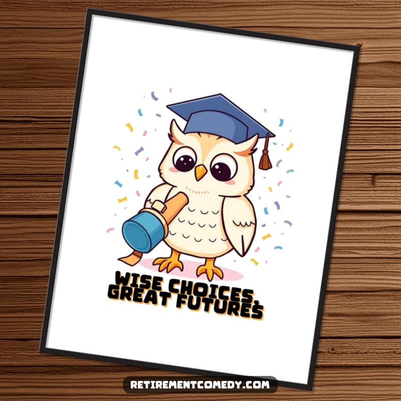 Funny Free Printable Wall Art: A kawaii owl in a graduation cap joyfully launches a confetti cannon, creating a festive scene.