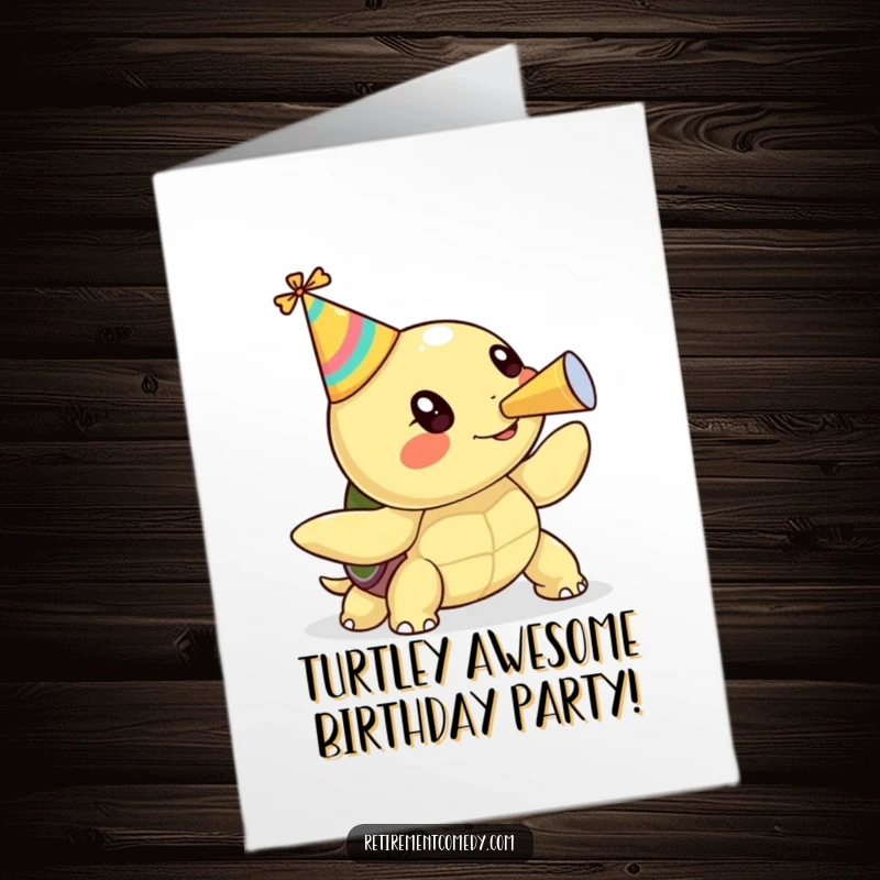 Funny Free Printable Birthday Card: A kawaii turtle wearing a party hat cheerfully blows a party horn, ready to celebrate.