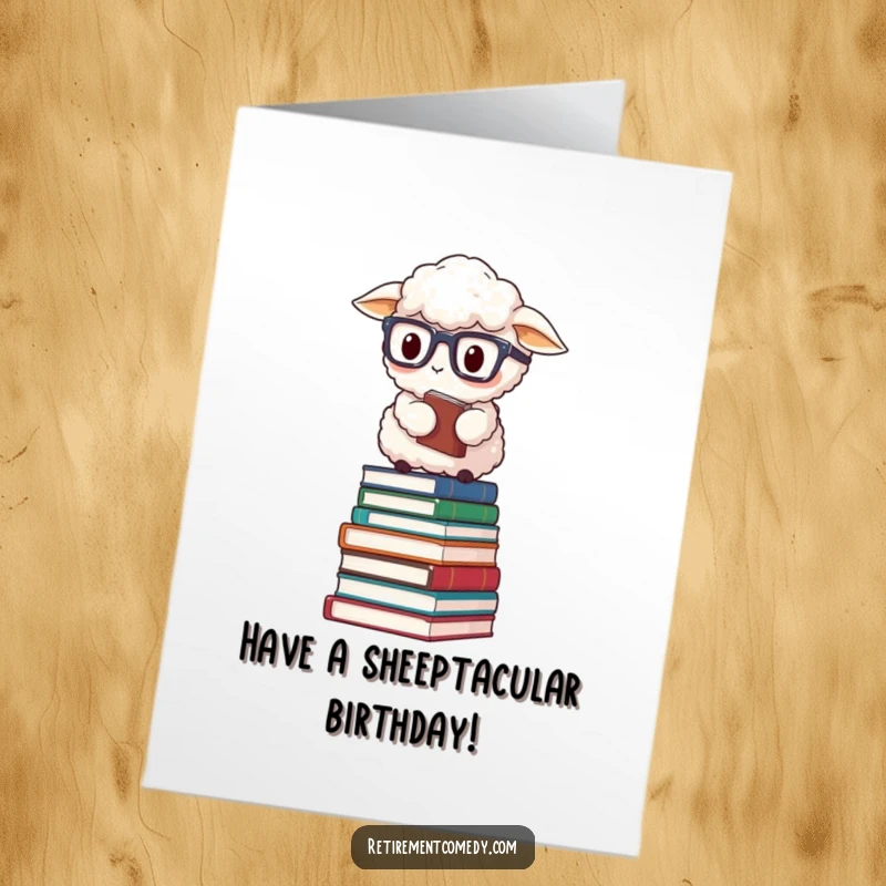 Funny Free Printable Birthday Card: Fluffy sheep in reading glasses balancing precariously on stacked books.