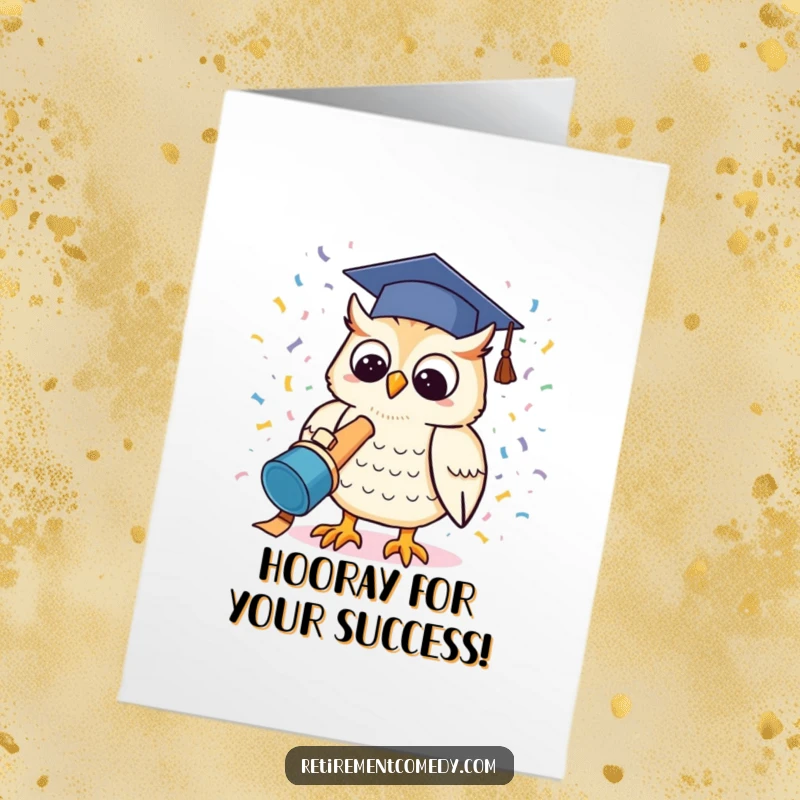 Funny Free Printable Congrats Card: Cute kawaii owl wearing a graduation cap fires a confetti cannon, celebrating accomplishment.