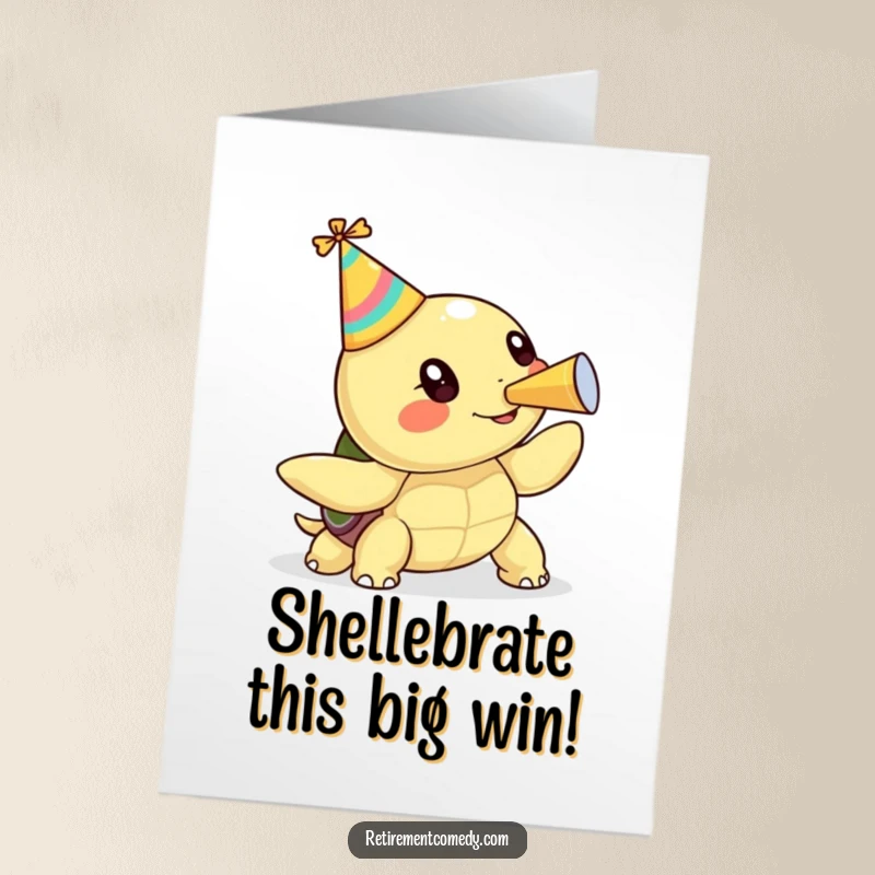 Funny Free Printable Congrats Card: Cute kawaii turtle in a party hat blows a loud party horn, announcing good news.