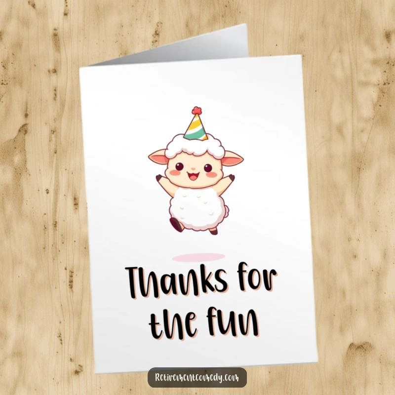 Funny free printable thank you card showing a fluffy sheep wearing a party hat, leaping joyfully to say thanks.