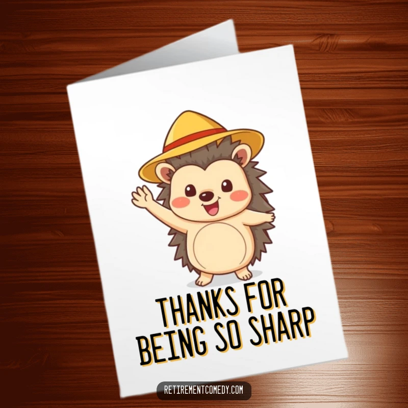 Funny Free Printable Thank You Card: Cheerful hedgehog in sun hat waving enthusiastically, expressing thanks, charming downloadable art.