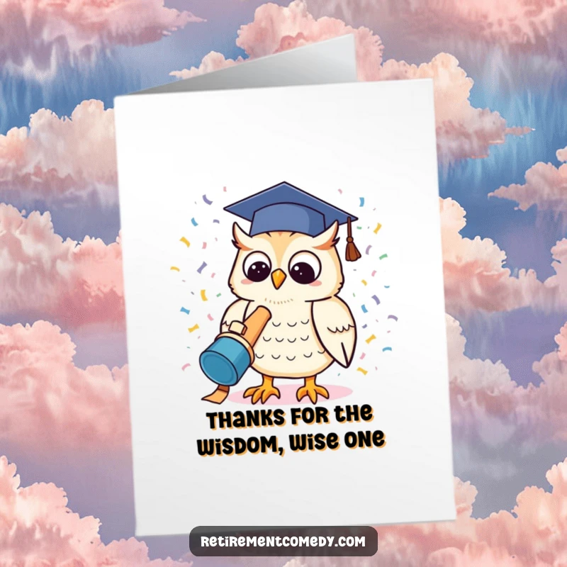 Funny Free Printable Thank You Card: A kawaii owl with a graduation cap launches a confetti cannon, showering thanks.