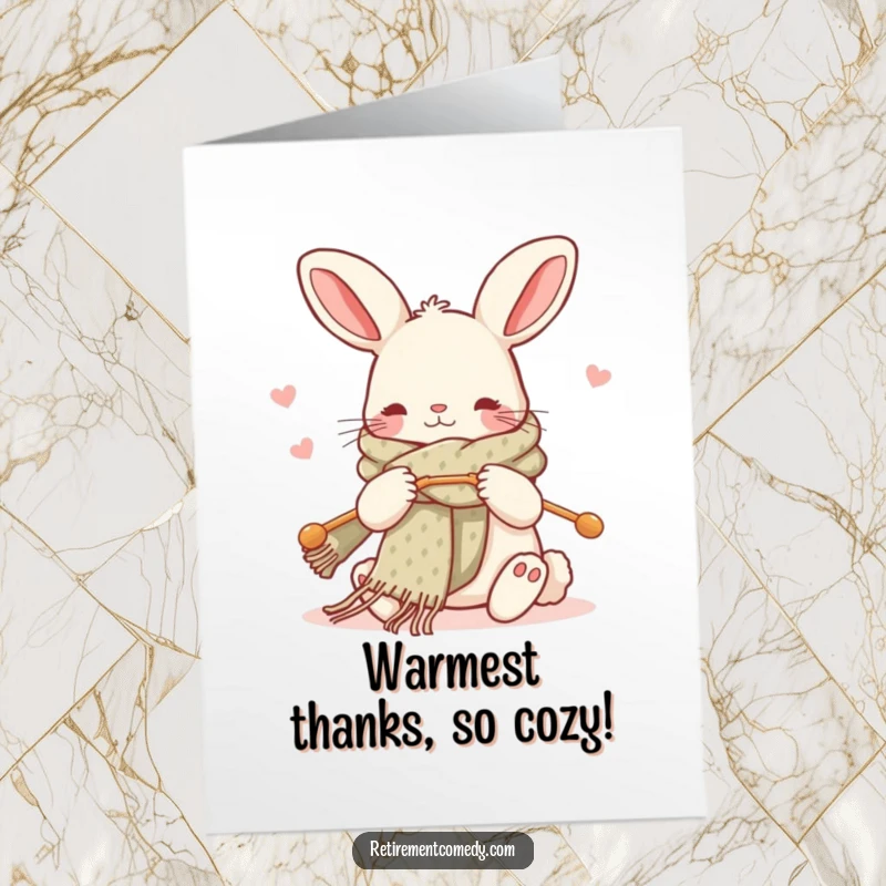 Free Printable Thank You Card: Cute kawaii rabbit knitting a warm scarf, with a basket of yarn and oversized needles beside it.